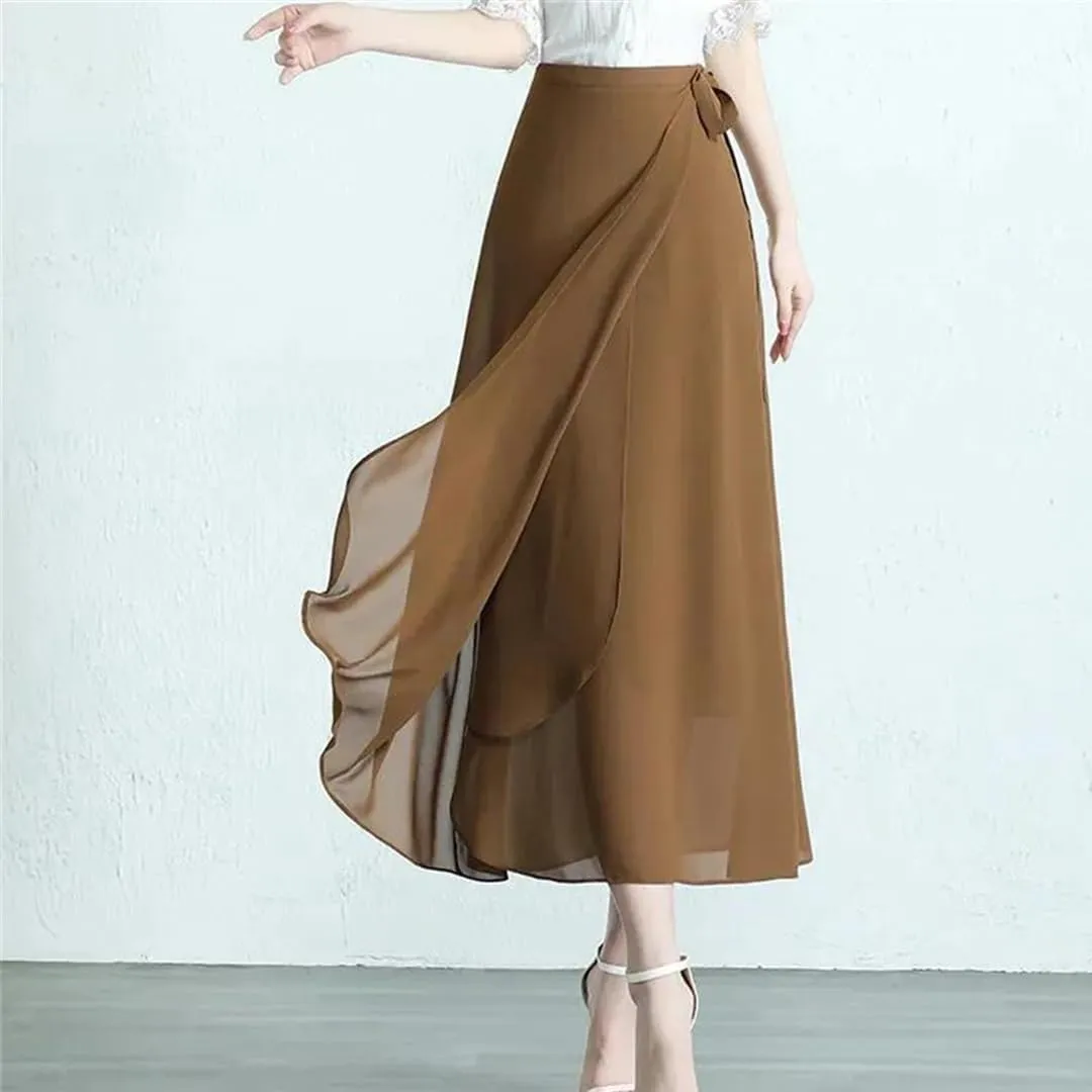 Women Summer Mid-Long Chiffon Skirt Loose Thin Elegant High-Waisted Lace-Up Skirt