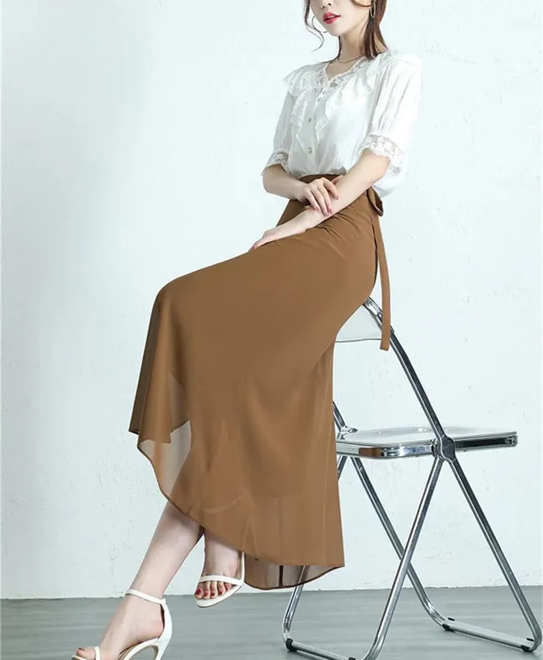 Women Summer Mid-Long Chiffon Skirt Loose Thin Elegant High-Waisted Lace-Up Skirt
