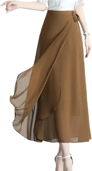 Women Summer Mid-Long Chiffon Skirt Loose Thin Elegant High-Waisted Lace-Up Skirt