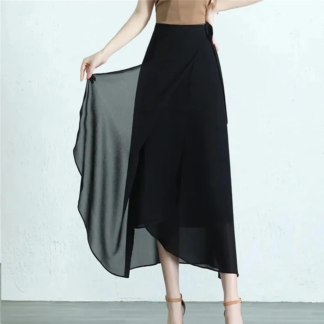 Women Summer Mid-Long Chiffon Skirt Loose Thin Elegant High-Waisted Lace-Up Skirt