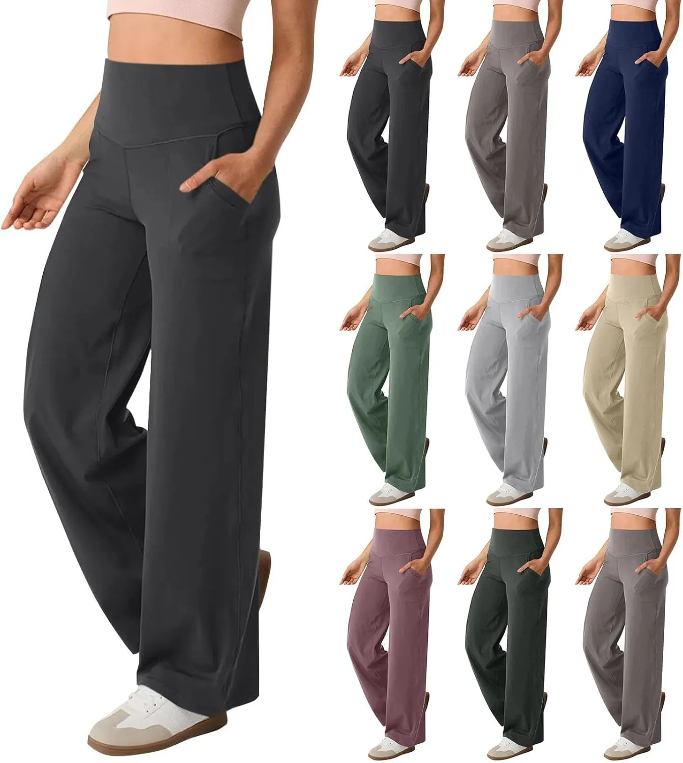 Women Wide Leg Yoga Pants with Pockets Stretch Straight Leg Dress Pant Tummy Summer Pants for Women Casual
