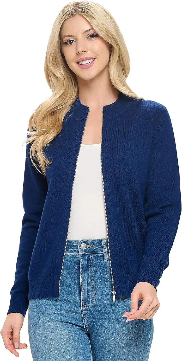 Women's 100% Cashmere Soft Long Sleeve Crew Neck Open Zip Cardigan