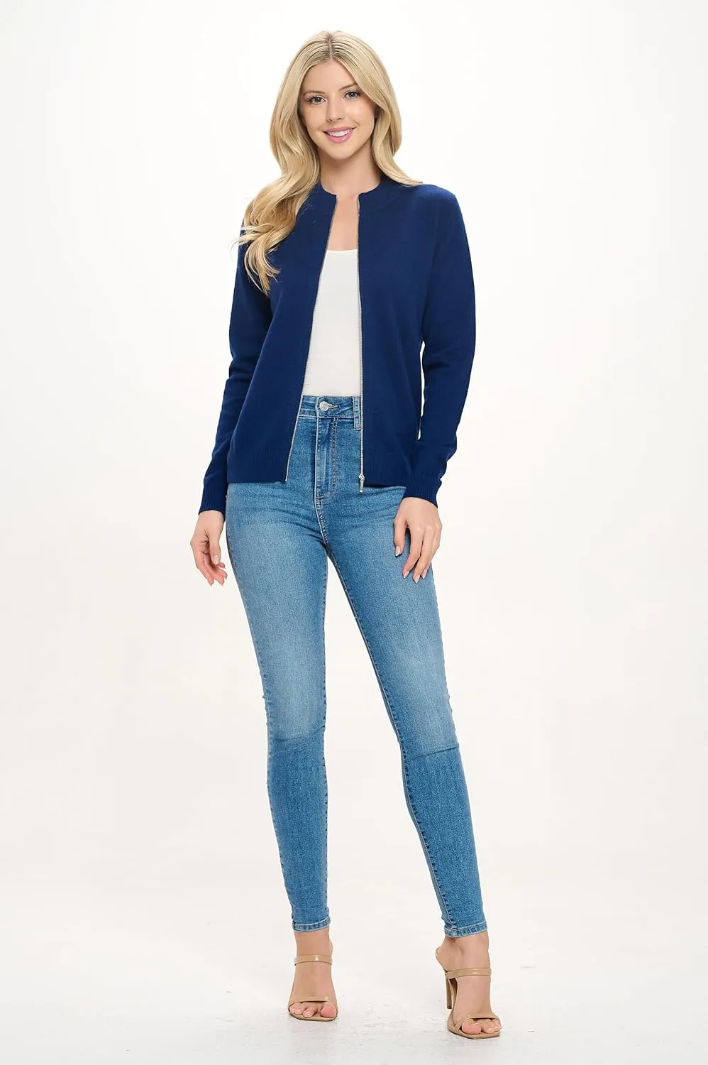 Women's 100% Cashmere Soft Long Sleeve Crew Neck Open Zip Cardigan