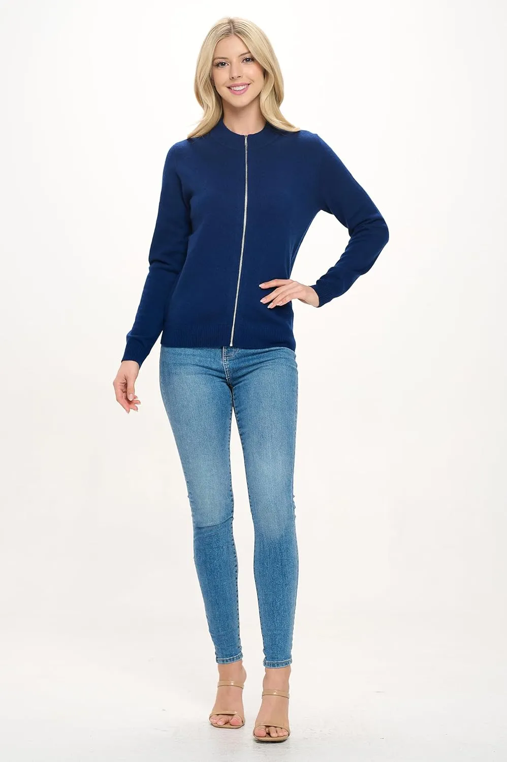 Women's 100% Cashmere Soft Long Sleeve Crew Neck Open Zip Cardigan