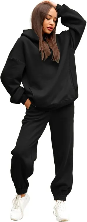Womens 2 Piece Outfits Lounge Half Zip Hoodie Sweatsuit Sets Oversized Sweatshirt Baggy Fall Fashion Sweatpants C-Black