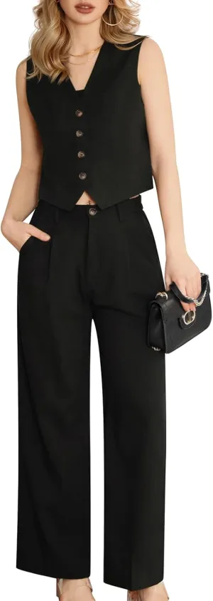 Women's 2 Piece Suiting Set Sleeveless Vest and Wide Leg Pants Suit Casual Business Office Outfit
