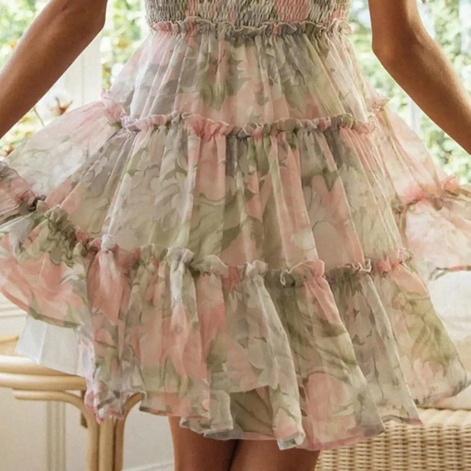 Womens 2024 Summer Floral Mini Dress Boho Flowy Skater Dresses Short Sleeveless Ruffle Spaghetti Women's