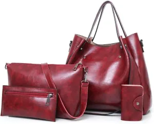 Women's 4Pcs Retro Handbag Soft PU Shoulder Bag Lady Delicate Purse