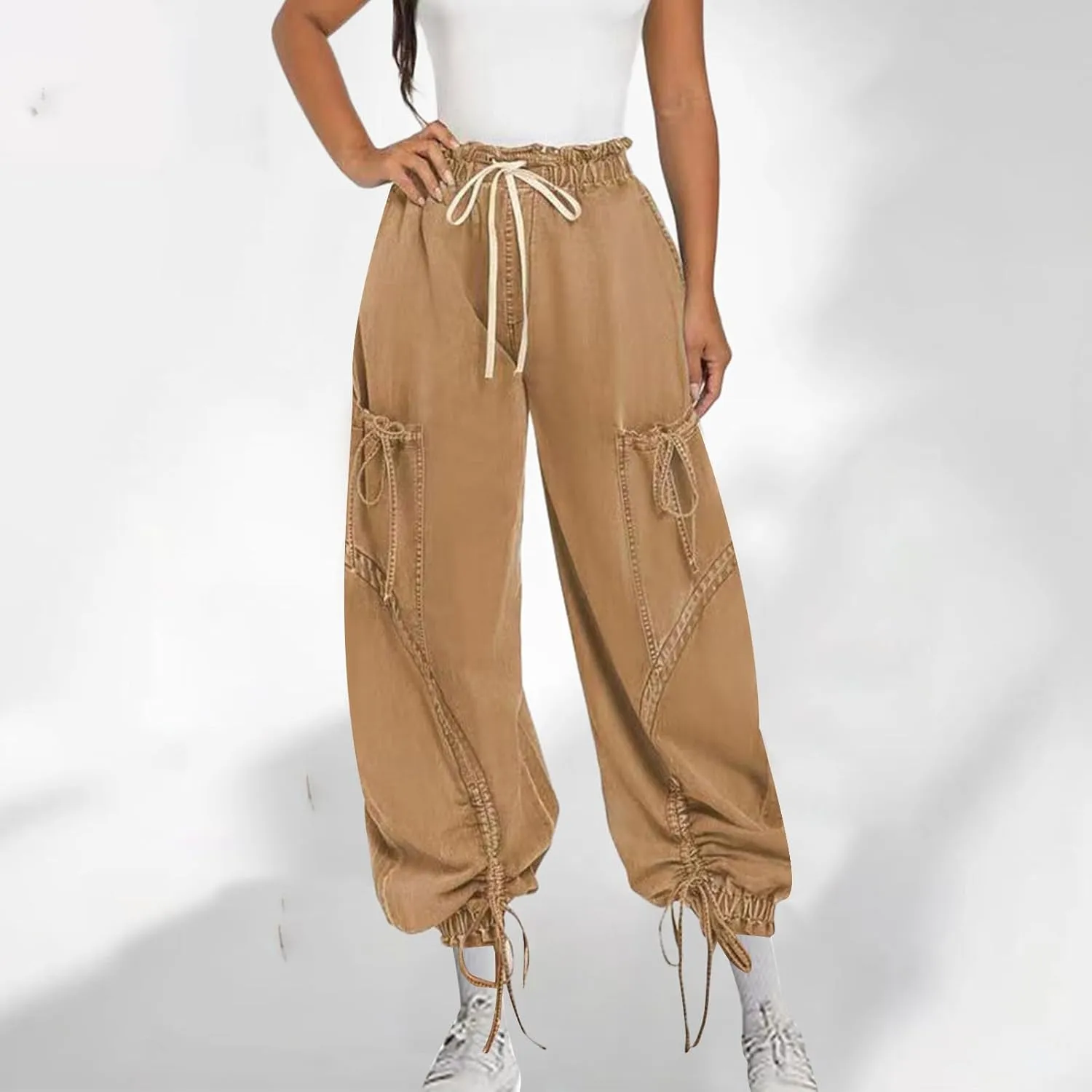 Women's Baggy Cargo Jeans High Waisted Drawstring Wide Leg Jogger with Bow Pockets Loose Harem Denim Pant Sweatpants