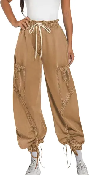 Women's Baggy Cargo Jeans High Waisted Drawstring Wide Leg Jogger with Bow Pockets Loose Harem Denim Pant Sweatpants