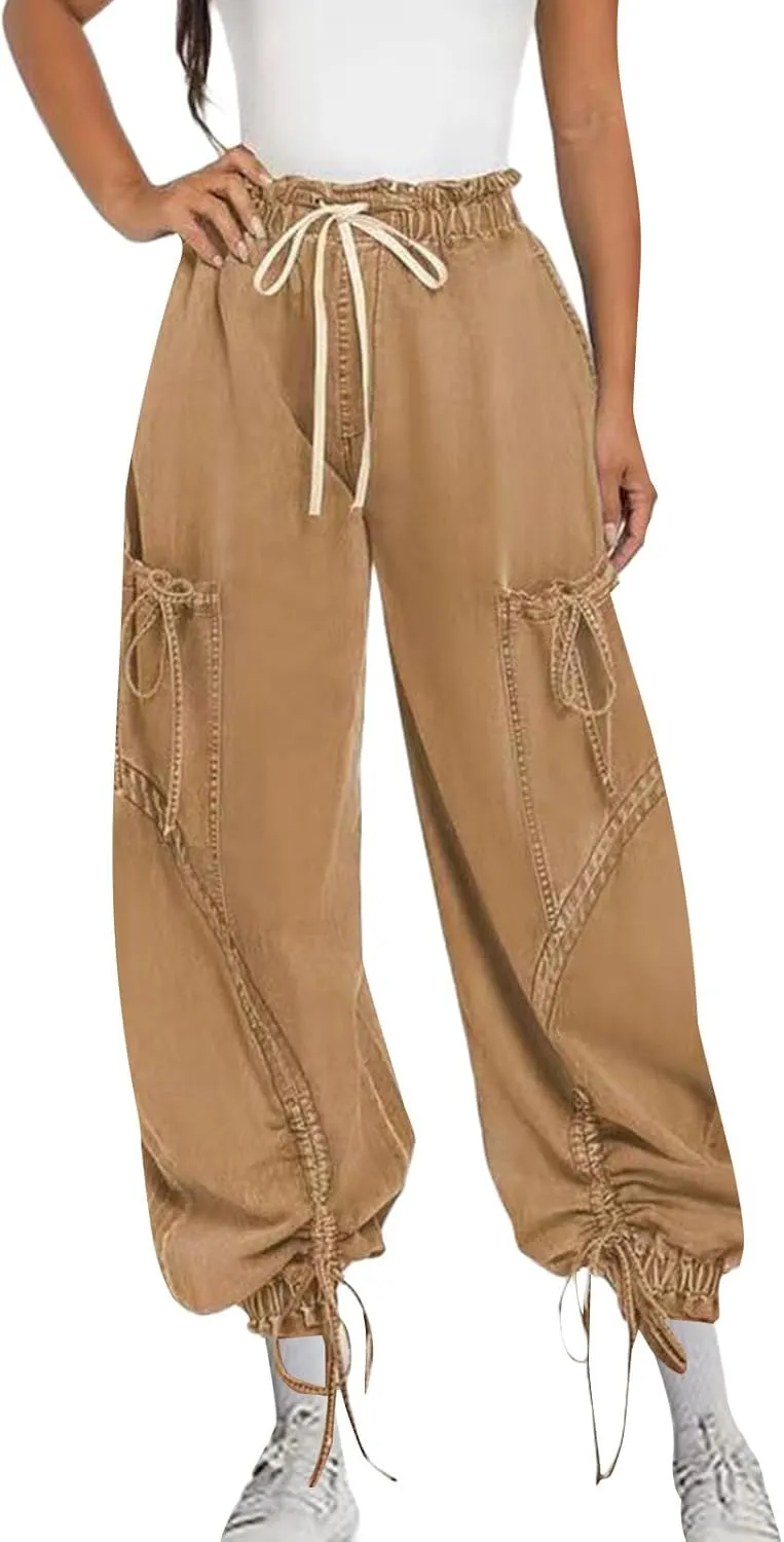 Women's Baggy Cargo Jeans High Waisted Drawstring Wide Leg Jogger with Bow Pockets Loose Harem Denim Pant Sweatpants