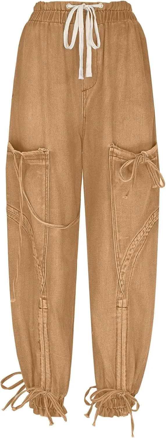Women's Baggy Cargo Jeans High Waisted Drawstring Wide Leg Jogger with Bow Pockets Loose Harem Denim Pant Sweatpants