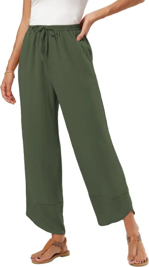 Women's Baggy Wide Leg Palazzo Pants Business Casual High Waisted Flowy Elastic Waist Sandy Shore Pants Pockets