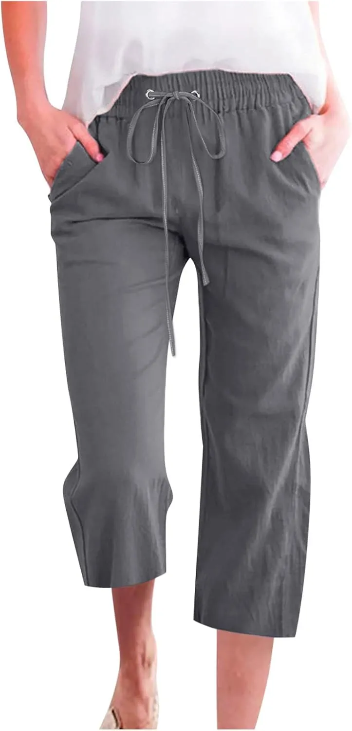 Womens Capri Pants Plus Size Summer Casual Pants High Waist Straight Wide Leg Pants Drawstring Linen Cropped Trouser