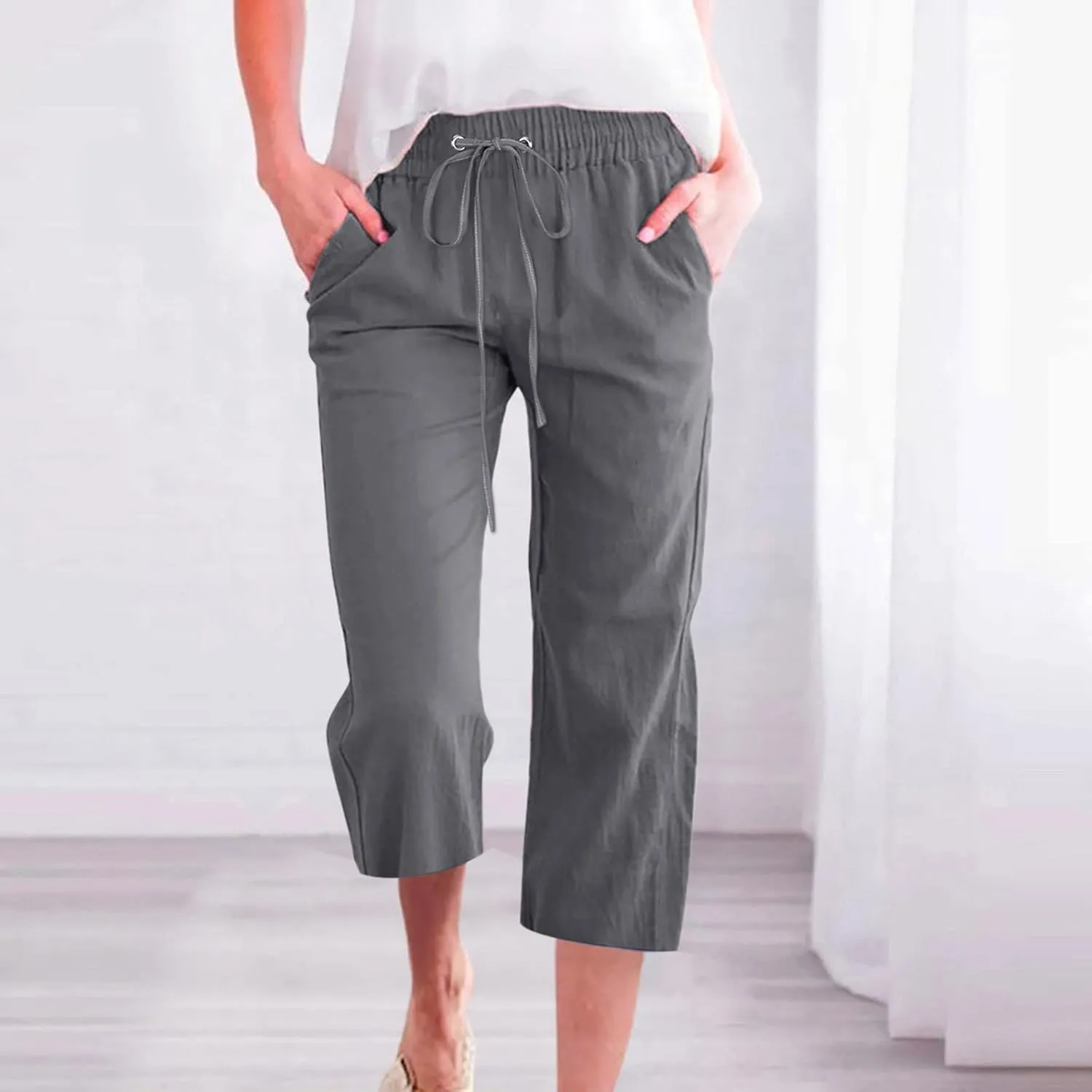Womens Capri Pants Plus Size Summer Casual Pants High Waist Straight Wide Leg Pants Drawstring Linen Cropped Trouser