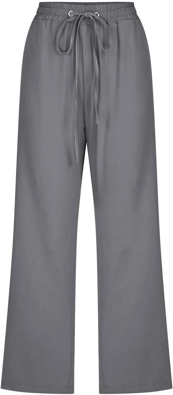 Womens Capri Pants Plus Size Summer Casual Pants High Waist Straight Wide Leg Pants Drawstring Linen Cropped Trouser
