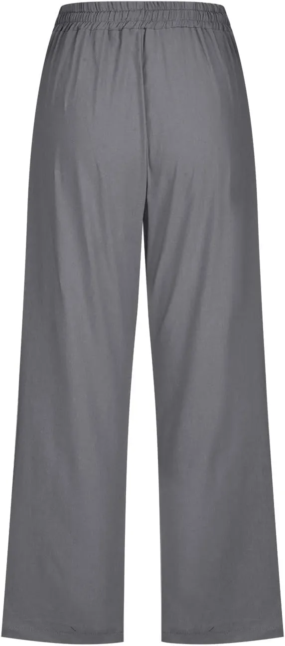 Womens Capri Pants Plus Size Summer Casual Pants High Waist Straight Wide Leg Pants Drawstring Linen Cropped Trouser