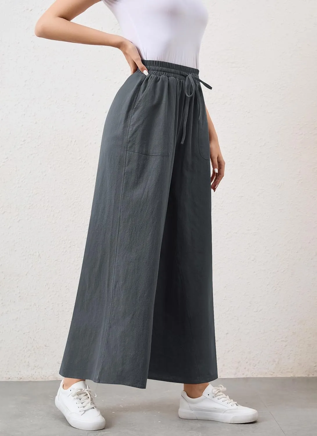 Womens Casual Linen Wide Leg Pants Trousers High Waisted Drawstring Tailored Baggy Pant Palazzo Lounge Pant Pockets