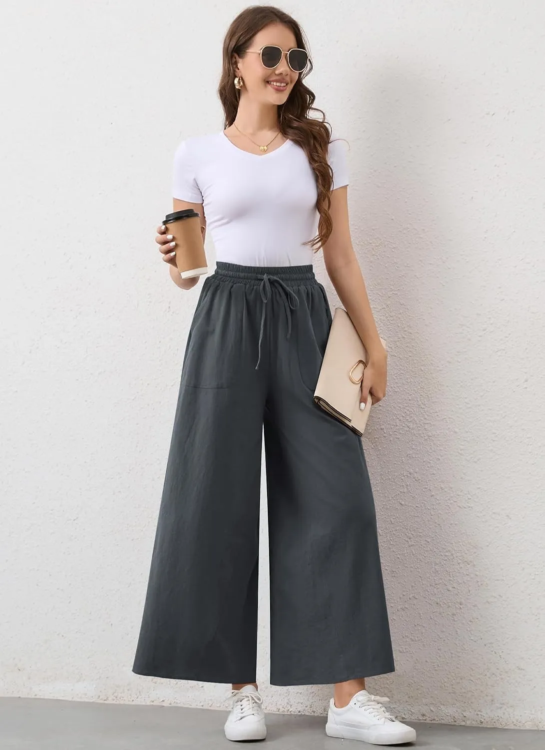 Womens Casual Linen Wide Leg Pants Trousers High Waisted Drawstring Tailored Baggy Pant Palazzo Lounge Pant Pockets
