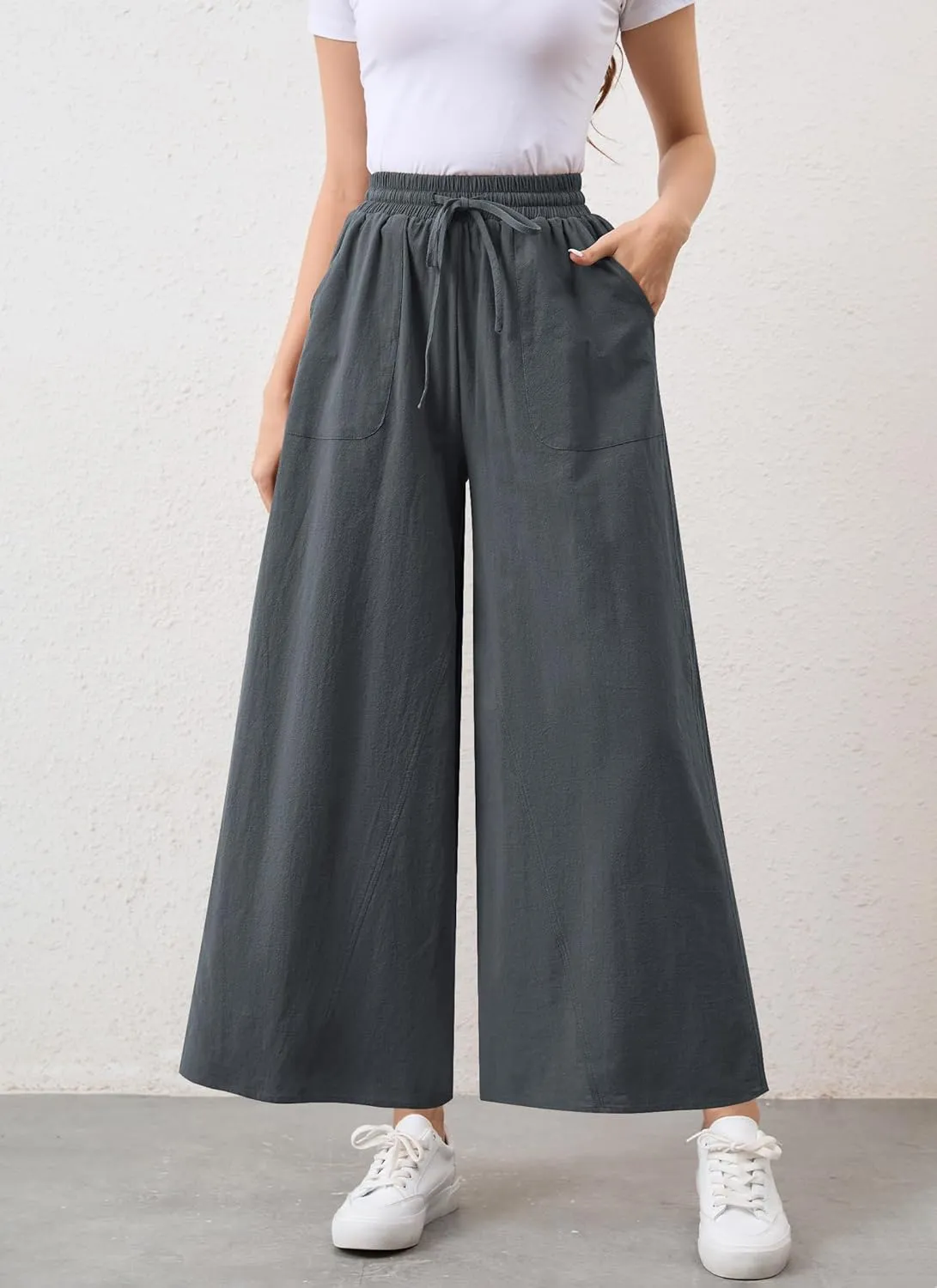Womens Casual Linen Wide Leg Pants Trousers High Waisted Drawstring Tailored Baggy Pant Palazzo Lounge Pant Pockets