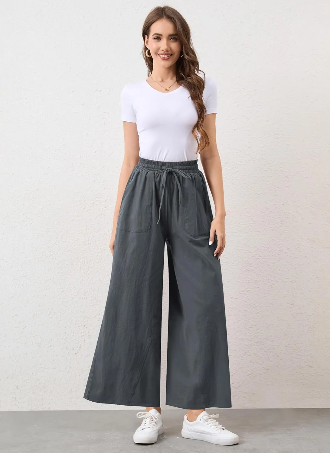 Womens Casual Linen Wide Leg Pants Trousers High Waisted Drawstring Tailored Baggy Pant Palazzo Lounge Pant Pockets