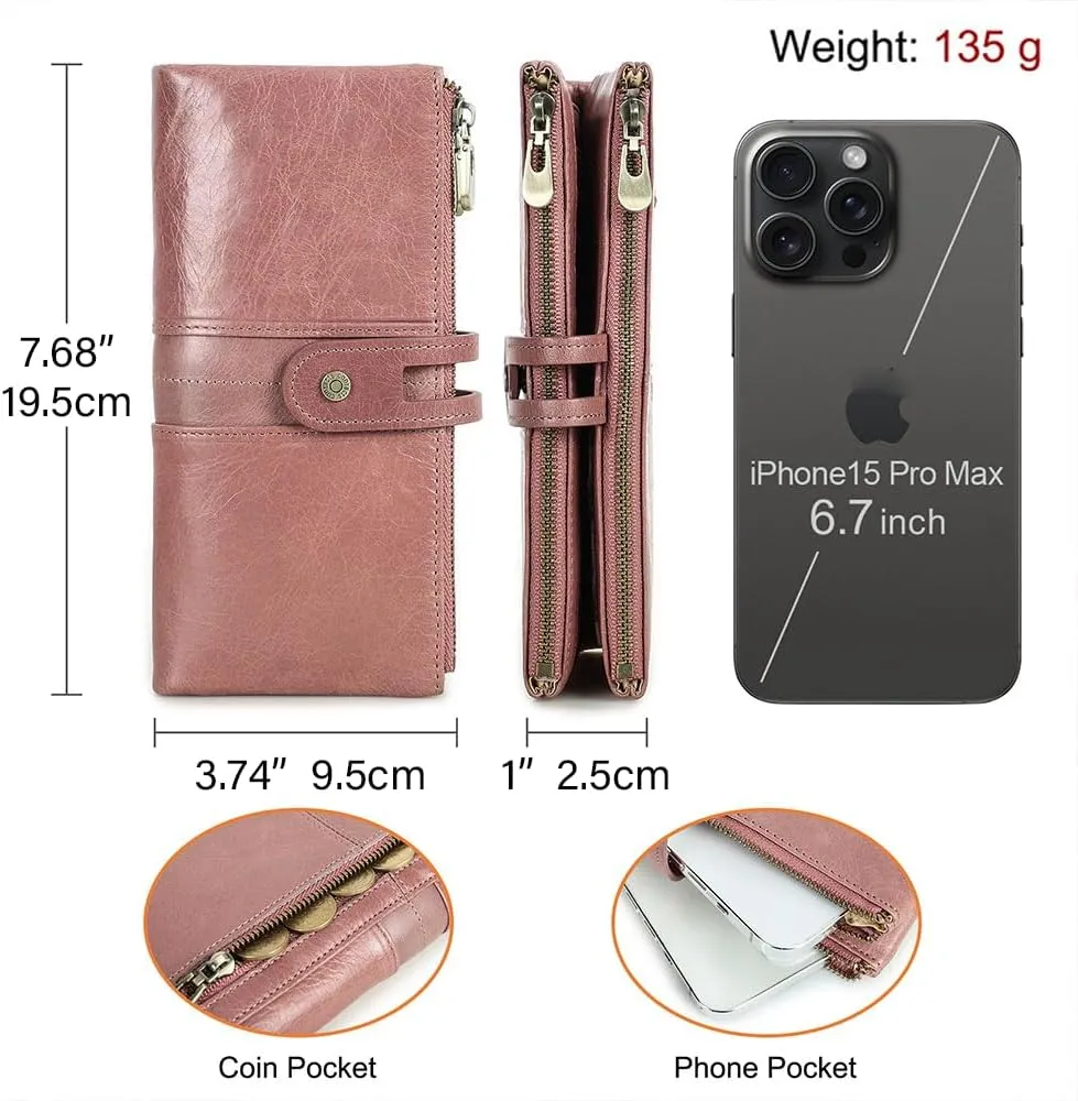 Womens Clutch Wallet Leather Double Zipper Purse Bifold Card Wallet Large Coin Purse Travel Phone Holder Organizer (Light Pink