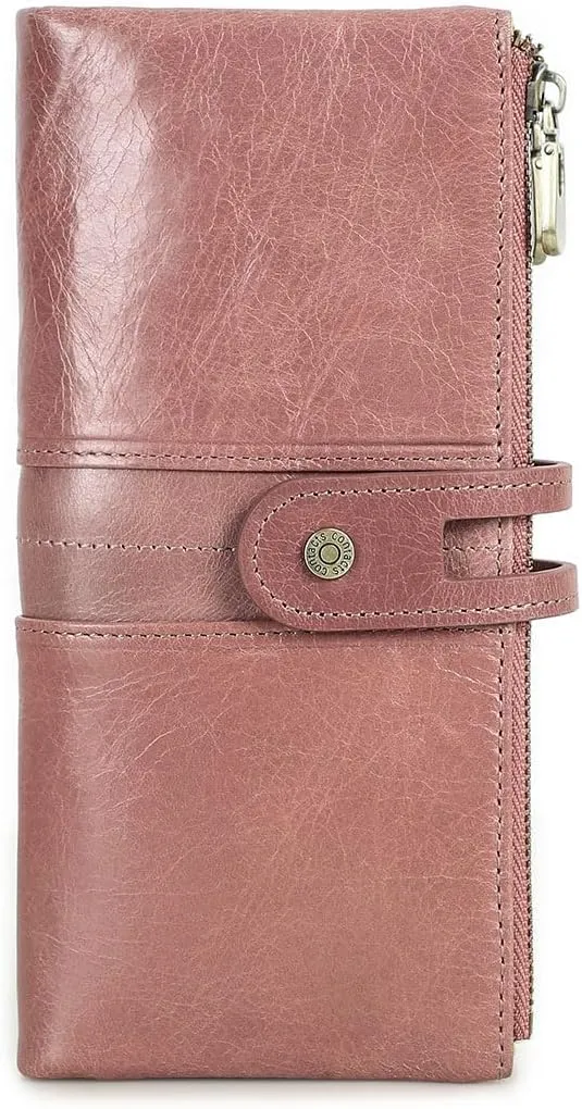 Womens Clutch Wallet Leather Double Zipper Purse Bifold Card Wallet Large Coin Purse Travel Phone Holder Organizer (Light Pink