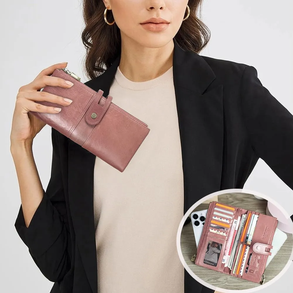 Womens Clutch Wallet Leather Double Zipper Purse Bifold Card Wallet Large Coin Purse Travel Phone Holder Organizer (Light Pink