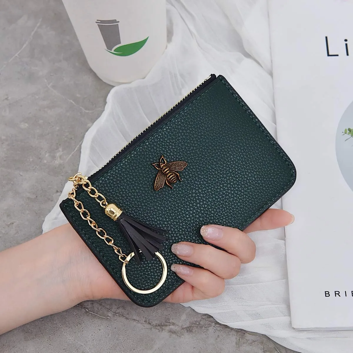 Women's Coin Purse Change Wallet Pouch Leather Card Holder with Key Chain Tassel Zip (Dark Green)
