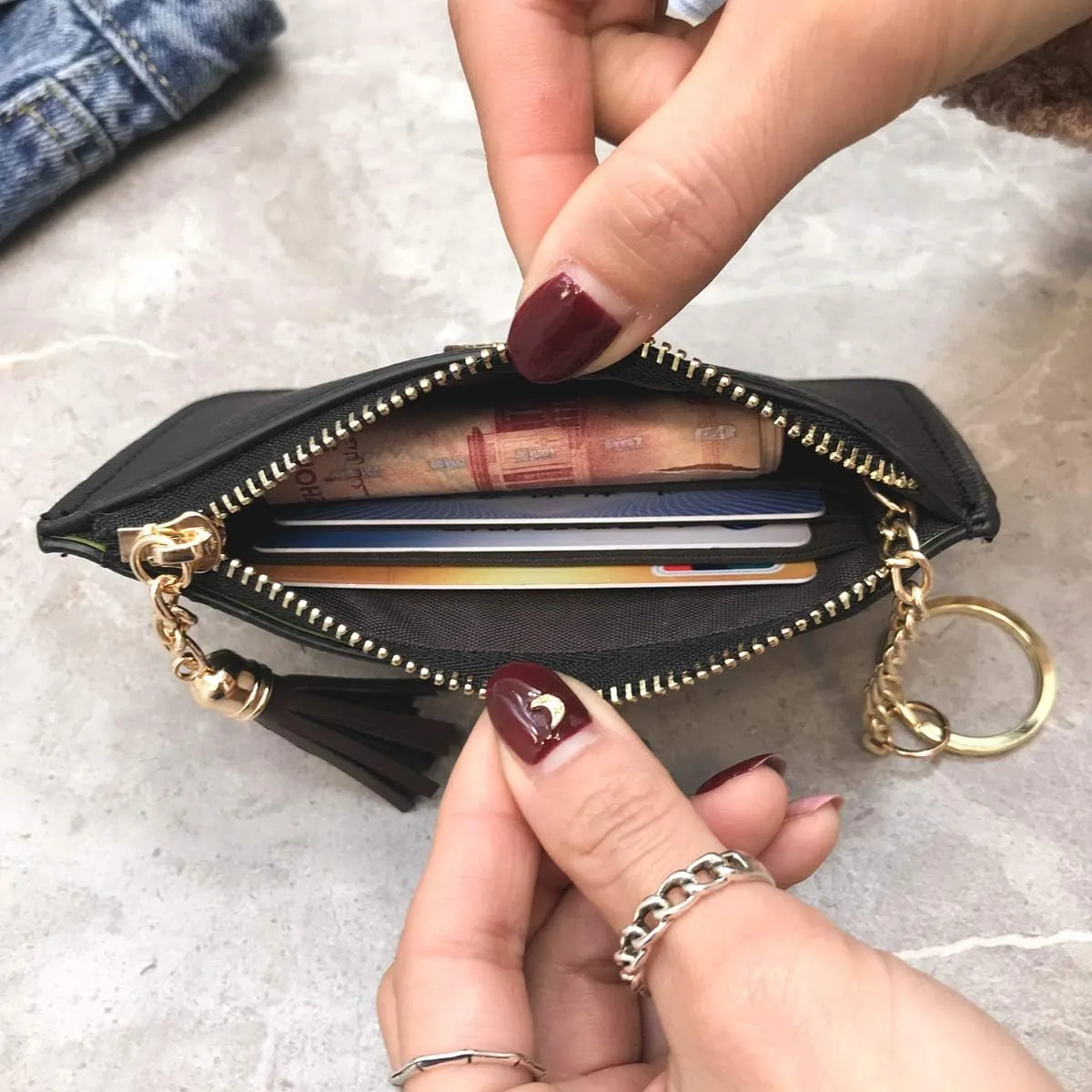 Women's Coin Purse Change Wallet Pouch Leather Card Holder with Key Chain Tassel Zip (Dark Green)