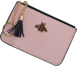 Women's Coin Purse Change Wallet Pouch Leather Card Holder with Key Chain Tassel Zip (Light Pink)