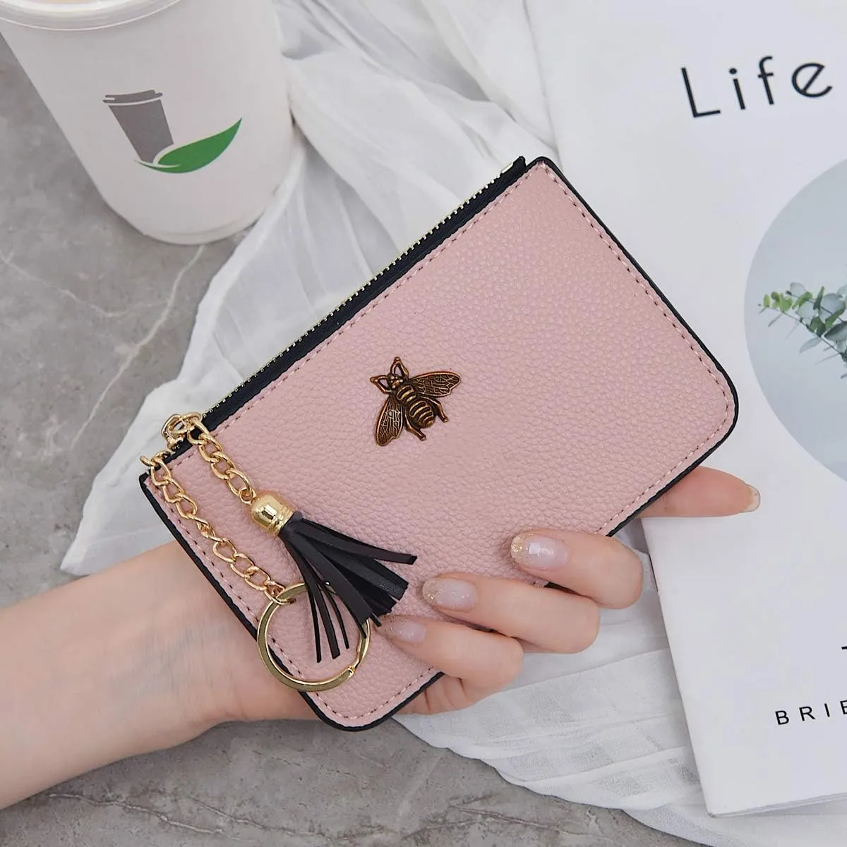 Women's Coin Purse Change Wallet Pouch Leather Card Holder with Key Chain Tassel Zip (Light Pink)
