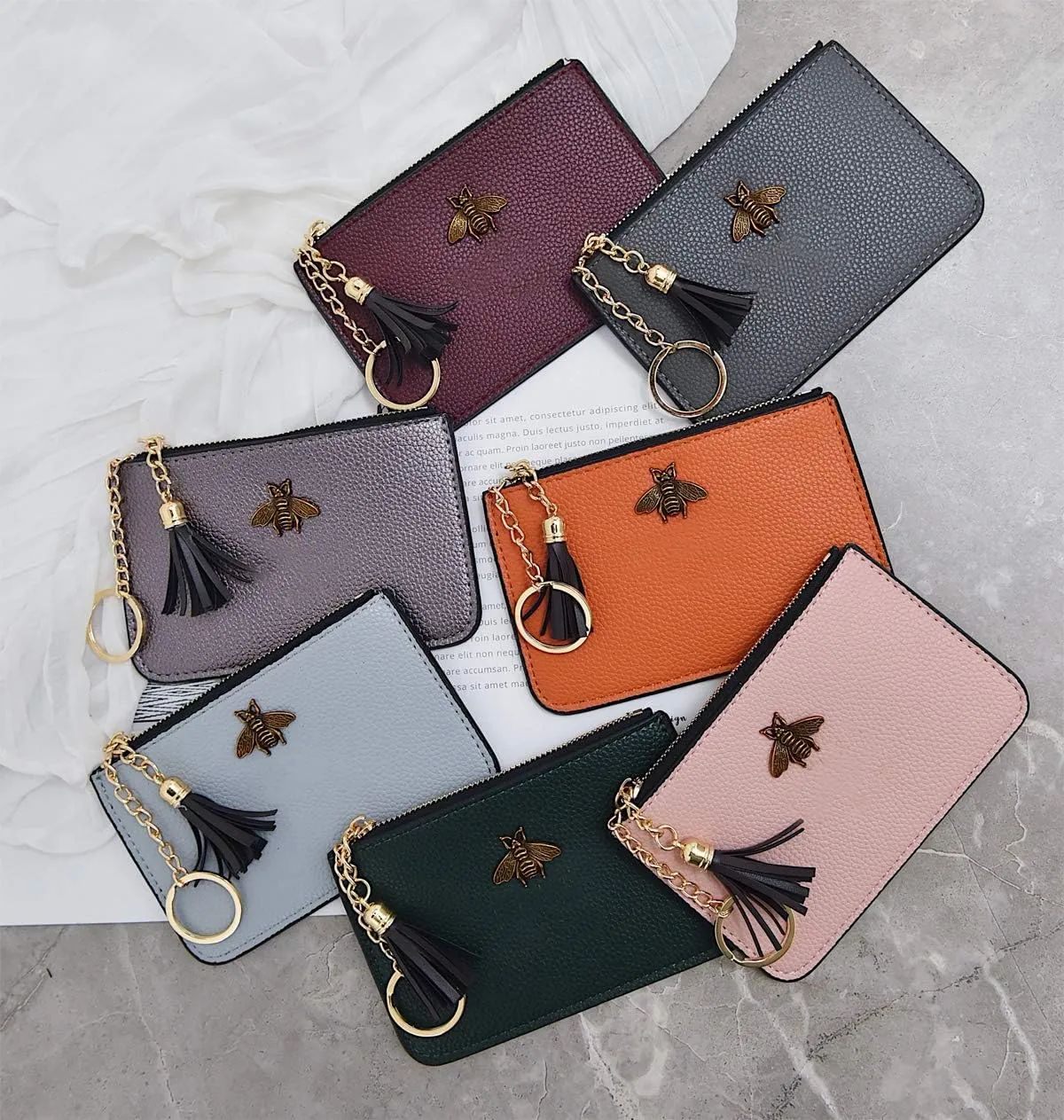 Women's Coin Purse Change Wallet Pouch Leather Card Holder with Key Chain Tassel Zip (Light Pink)