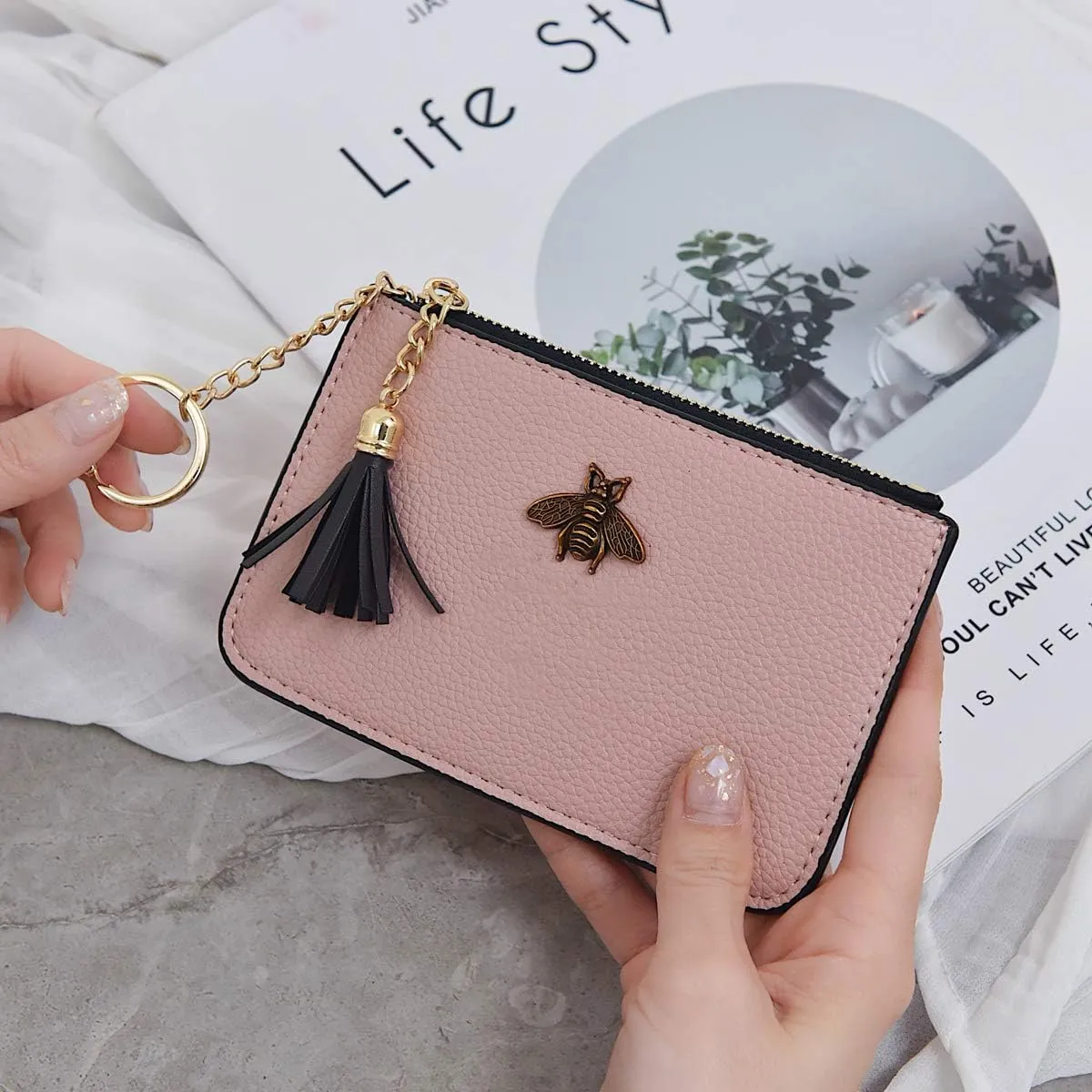 Women's Coin Purse Change Wallet Pouch Leather Card Holder with Key Chain Tassel Zip (Light Pink)