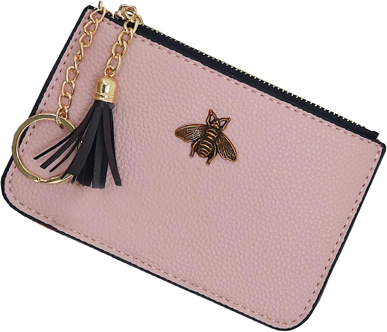 Women's Coin Purse Change Wallet Pouch Leather Card Holder with Key Chain Tassel Zip (Light Pink)