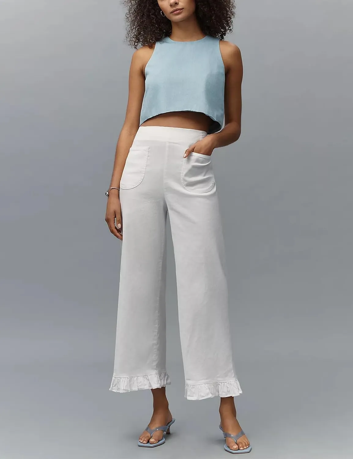 Women's Colette Flare Wide Leg Pants Summer Casual High Waist Ruffle Cropped Hem Loose Fit Trousers with Pockets