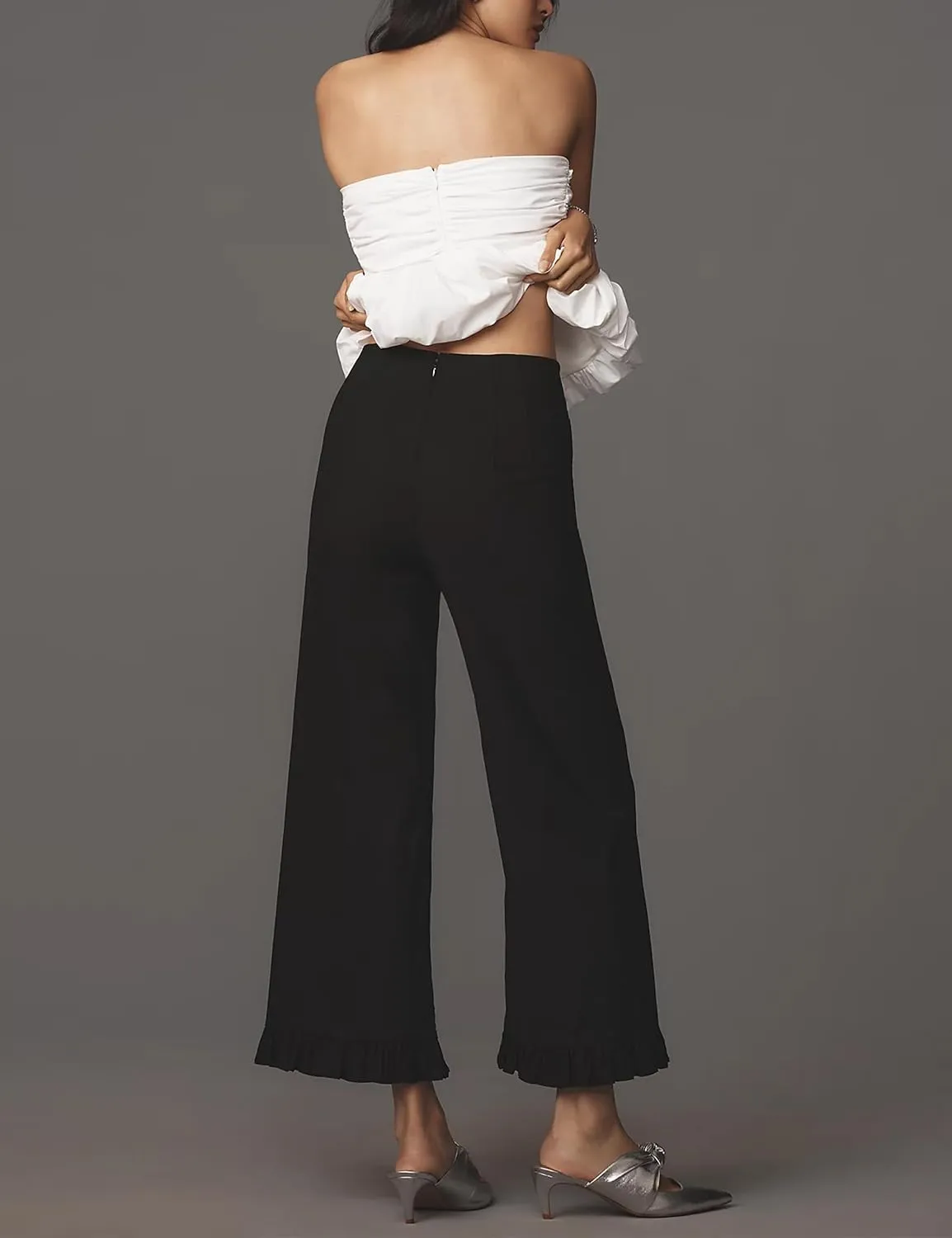 Women's Colette Flare Wide Leg Pants Summer Casual High Waist Ruffle Cropped Hem Loose Fit Trousers with Pockets