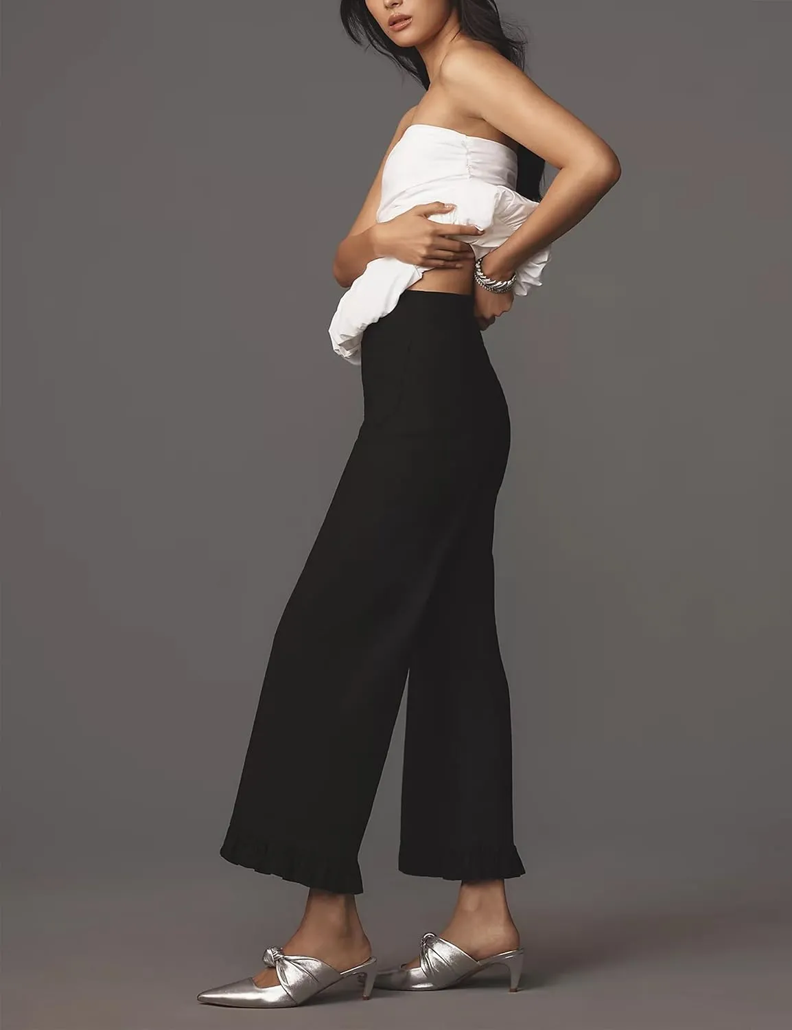 Women's Colette Flare Wide Leg Pants Summer Casual High Waist Ruffle Cropped Hem Loose Fit Trousers with Pockets
