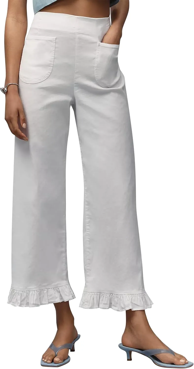 Women's Colette Flare Wide Leg Pants Summer Casual High Waist Ruffle Cropped Hem Loose Fit Trousers with Pockets