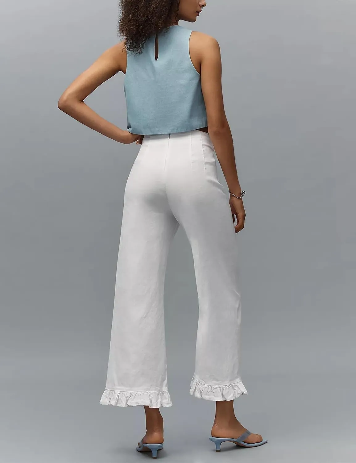 Women's Colette Flare Wide Leg Pants Summer Casual High Waist Ruffle Cropped Hem Loose Fit Trousers with Pockets