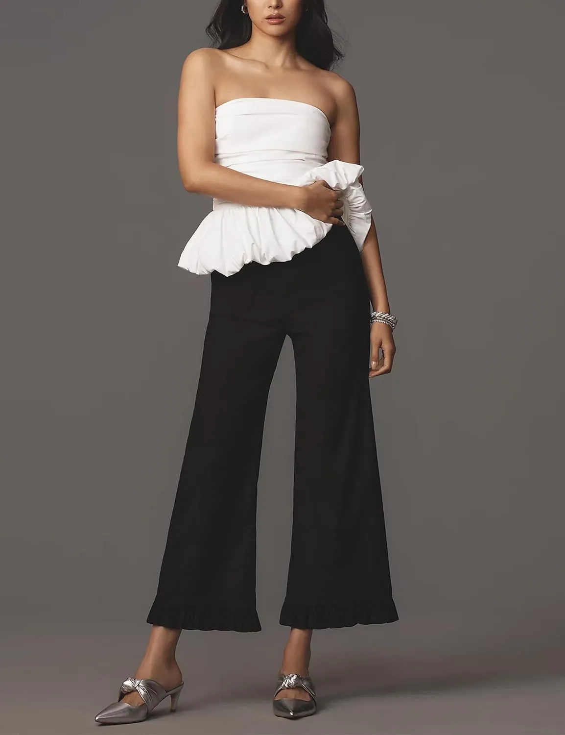 Women's Colette Flare Wide Leg Pants Summer Casual High Waist Ruffle Cropped Hem Loose Fit Trousers with Pockets