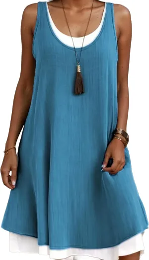 Women's Cotton Linen Midi Dress Casual Loose Sleeveless Shift Tank Dress Summer Beach Tshirt Sundresses
