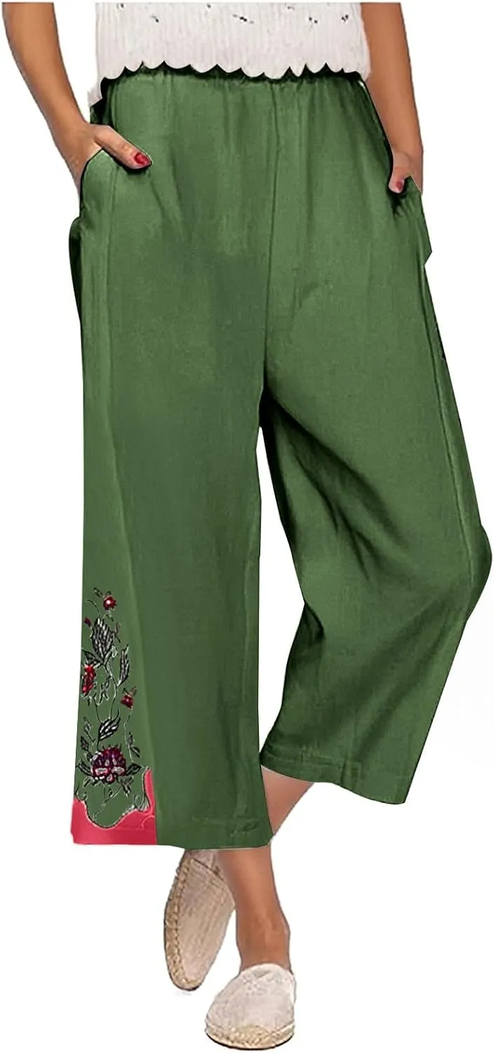 Womens Cotton Linen Pants Summer Casual Wide Leg Palazzo Pants Floral Embroidery High Waist Work Slack Beach Trouser