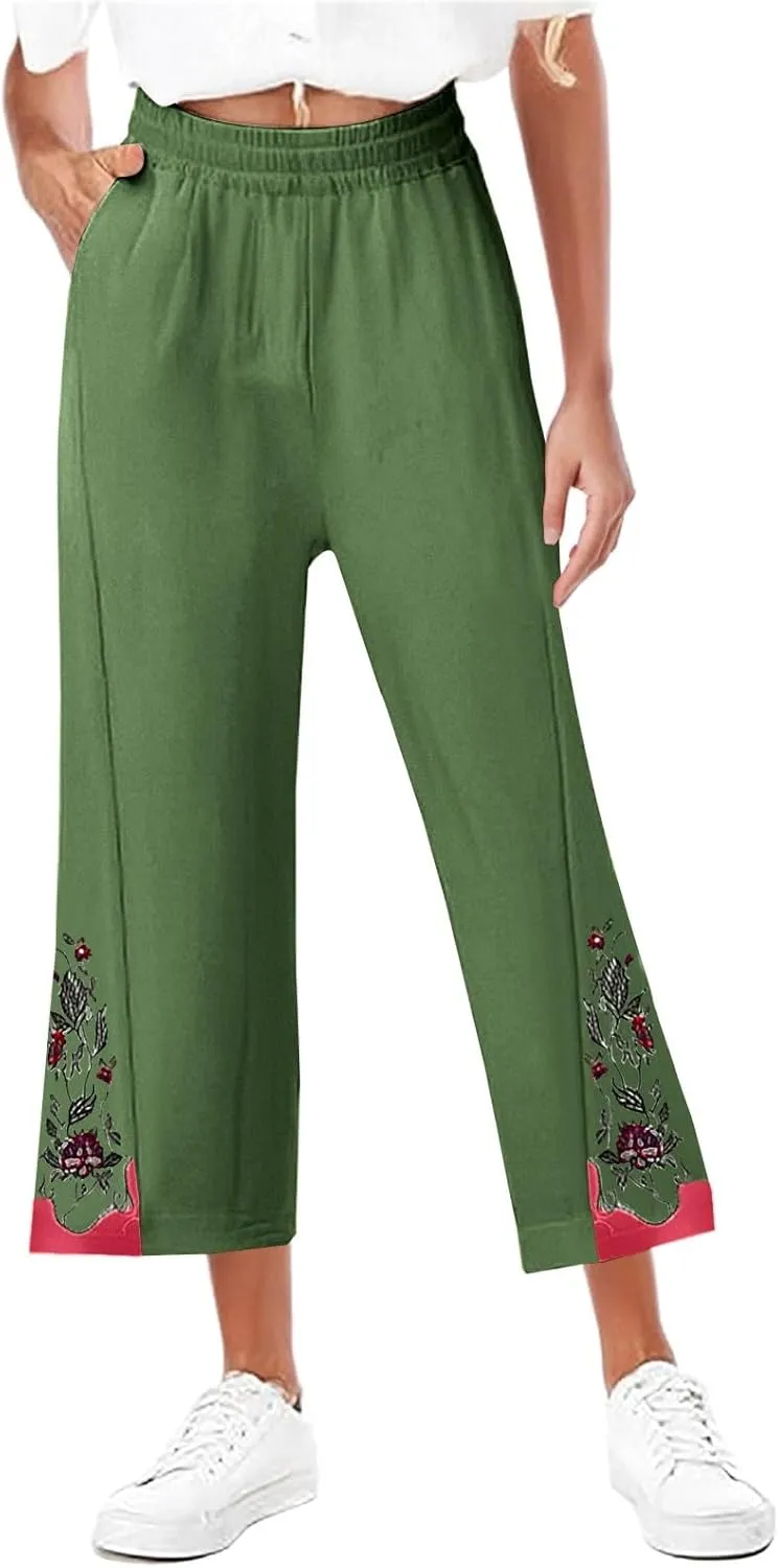 Womens Cotton Linen Pants Summer Casual Wide Leg Palazzo Pants Floral Embroidery High Waist Work Slack Beach Trouser