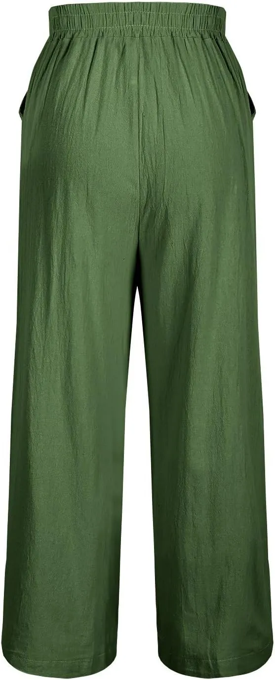 Womens Cotton Linen Pants Summer Casual Wide Leg Palazzo Pants Floral Embroidery High Waist Work Slack Beach Trouser