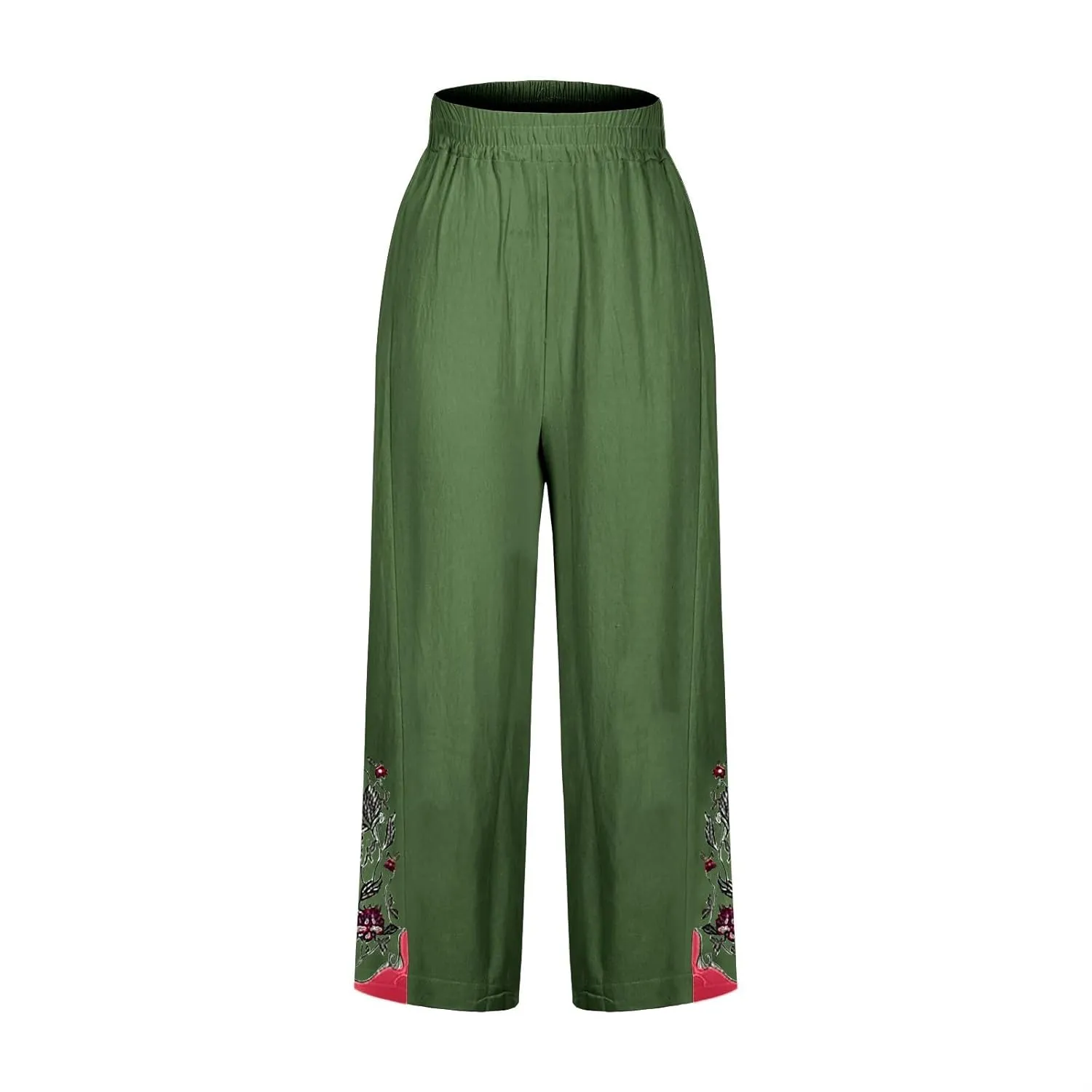Womens Cotton Linen Pants Summer Casual Wide Leg Palazzo Pants Floral Embroidery High Waist Work Slack Beach Trouser