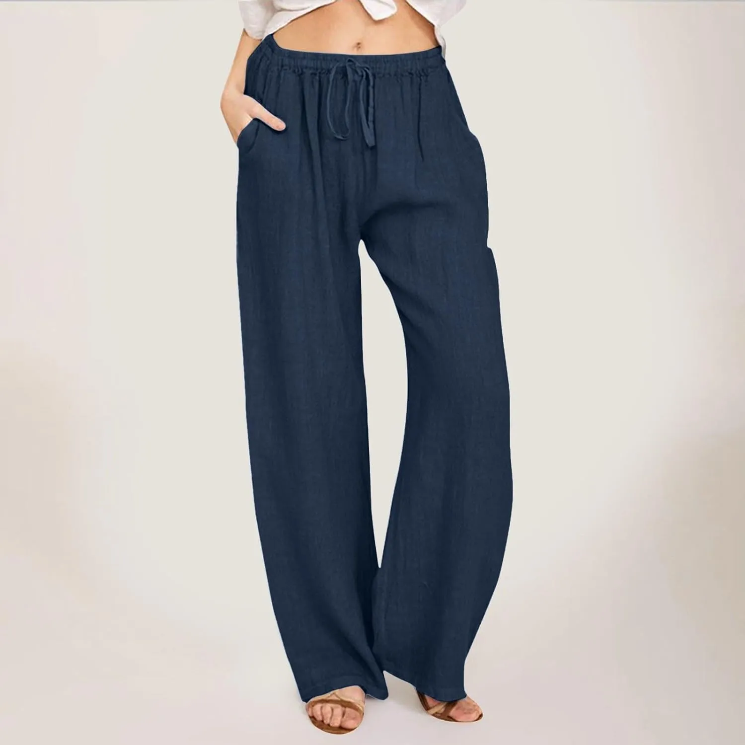 Women's Cotton Linen Summer Split Flowy Palazzo Pants Elastic Waisted Stretchy Straight Slim-Fit Palazzo Lounge