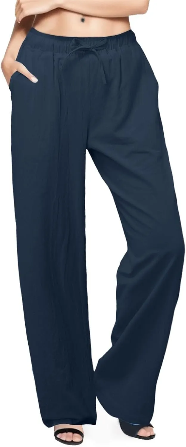 Women's Cotton Linen Summer Split Flowy Palazzo Pants Elastic Waisted Stretchy Straight Slim-Fit Palazzo Lounge