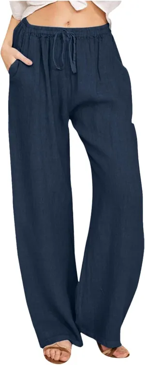 Women's Cotton Linen Summer Split Flowy Palazzo Pants Elastic Waisted Stretchy Straight Slim-Fit Palazzo Lounge