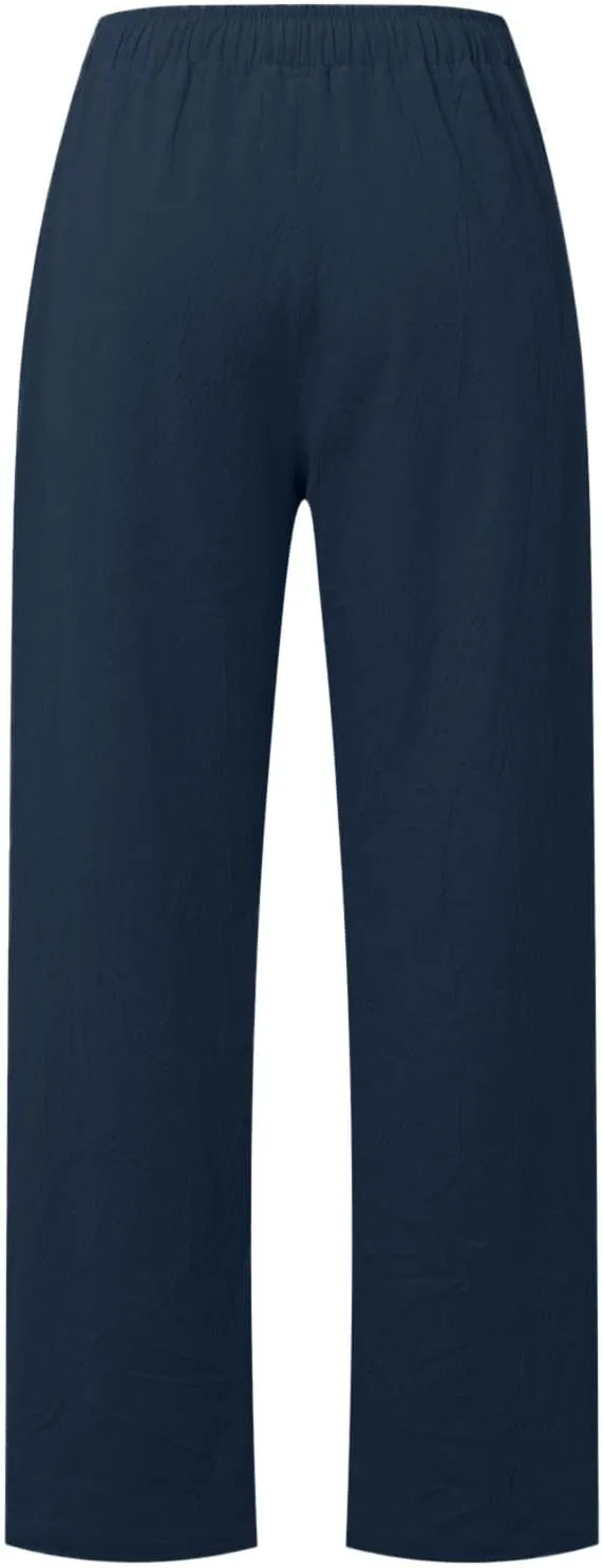 Women's Cotton Linen Summer Split Flowy Palazzo Pants Elastic Waisted Stretchy Straight Slim-Fit Palazzo Lounge